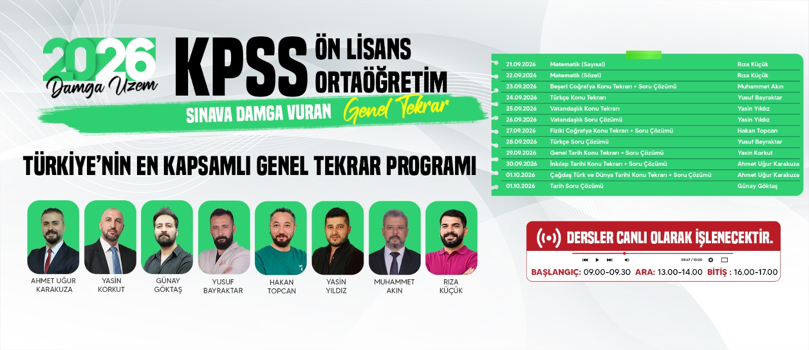 2026 KPSS Ön Lisans ve Ortaöğretim Sınava Damga Vuran Genel Tekrar: 21 Eylül–1 Ekim, 8 eğitmenle canlı dersler.